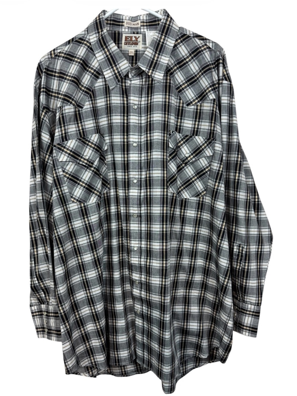 Ely Cattleman Big Man Western Pearl Snap Shirt Plaid Black Gray Men's 2X Big